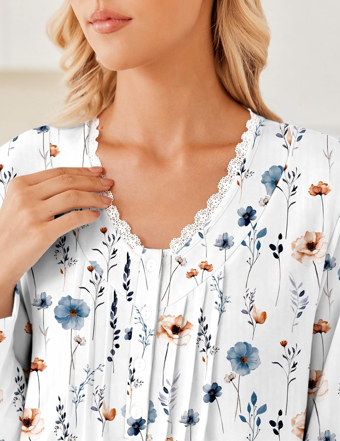 image:imageEkouaer Cotton Nightgowns for Women Long Sleeve Soft Nightgown SleepshirtBlue Khaki Flower