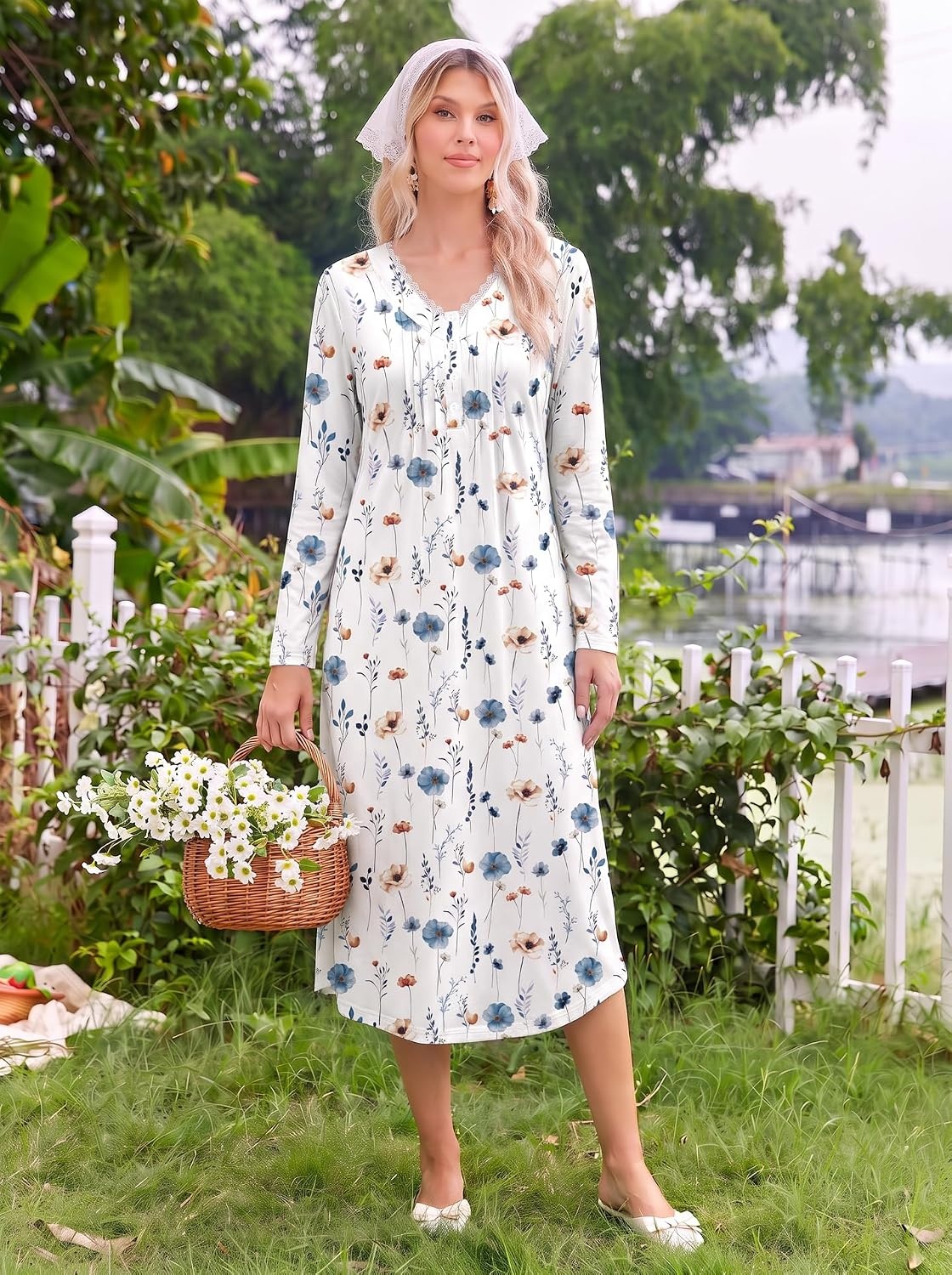 image:imageEkouaer Cotton Nightgowns for Women Long Sleeve Soft Nightgown SleepshirtBlue Khaki Flower
