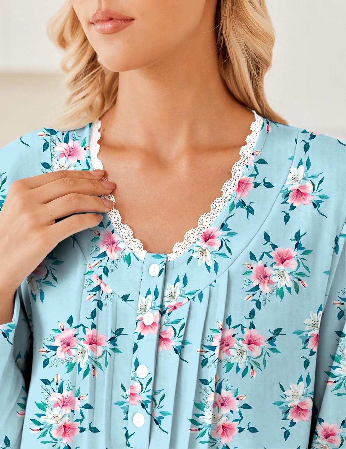 image:imageEkouaer Cotton Nightgowns for Women Long Sleeve Soft Nightgown SleepshirtLight Blue Floral
