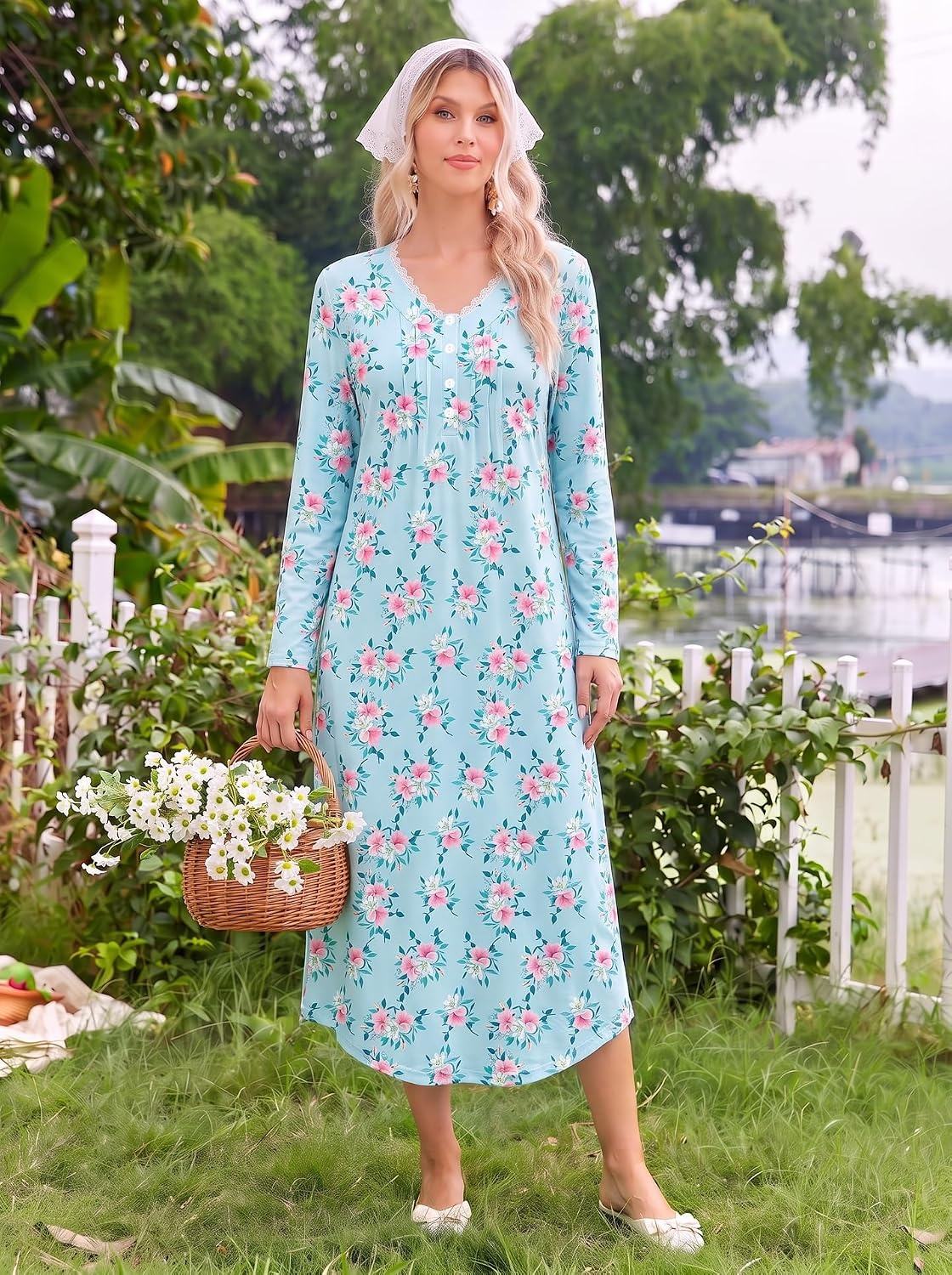 image:imageEkouaer Cotton Nightgowns for Women Long Sleeve Soft Nightgown SleepshirtLight Blue Floral