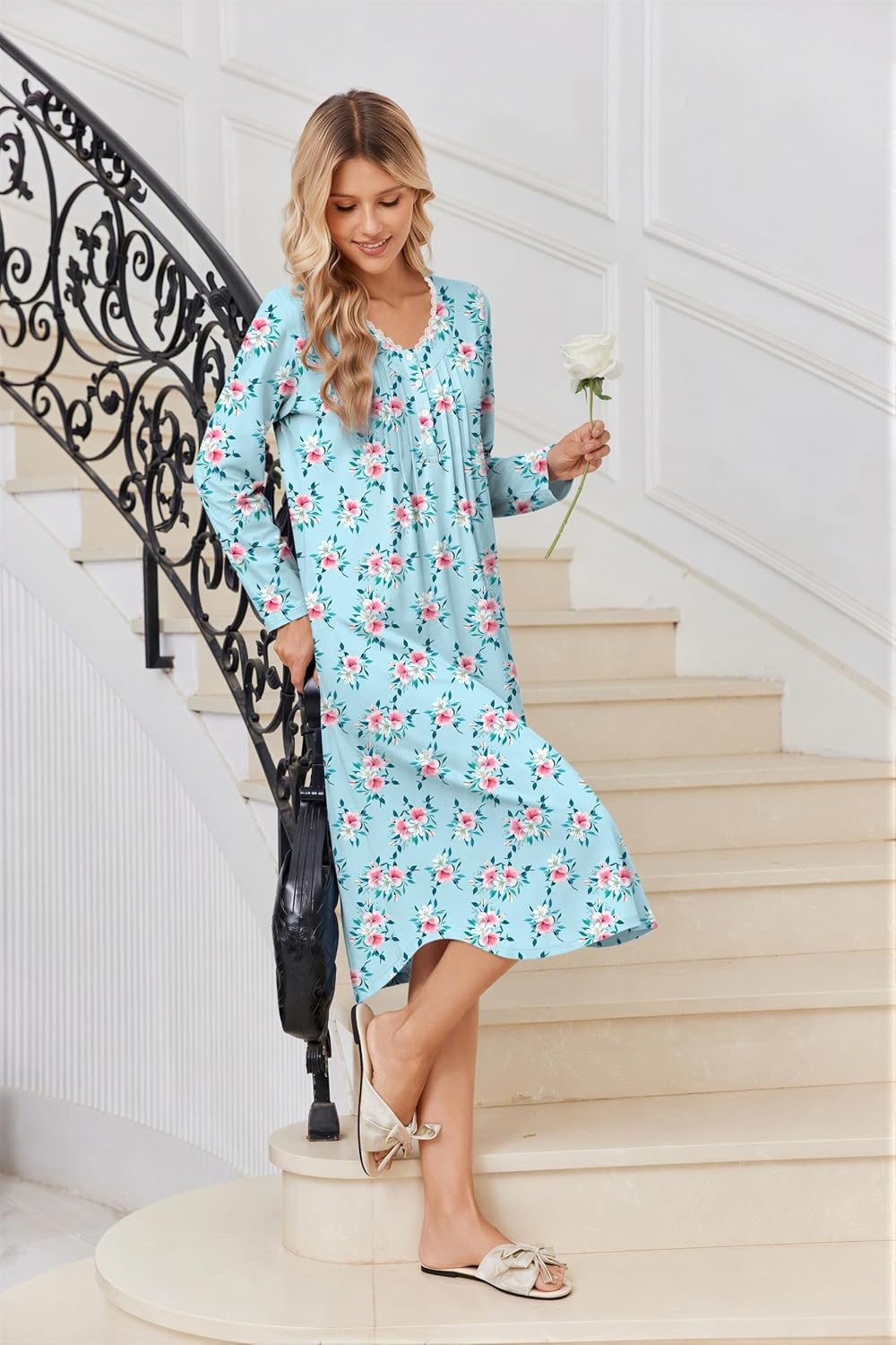 image:imageEkouaer Cotton Nightgowns for Women Long Sleeve Soft Nightgown SleepshirtLight Blue Floral