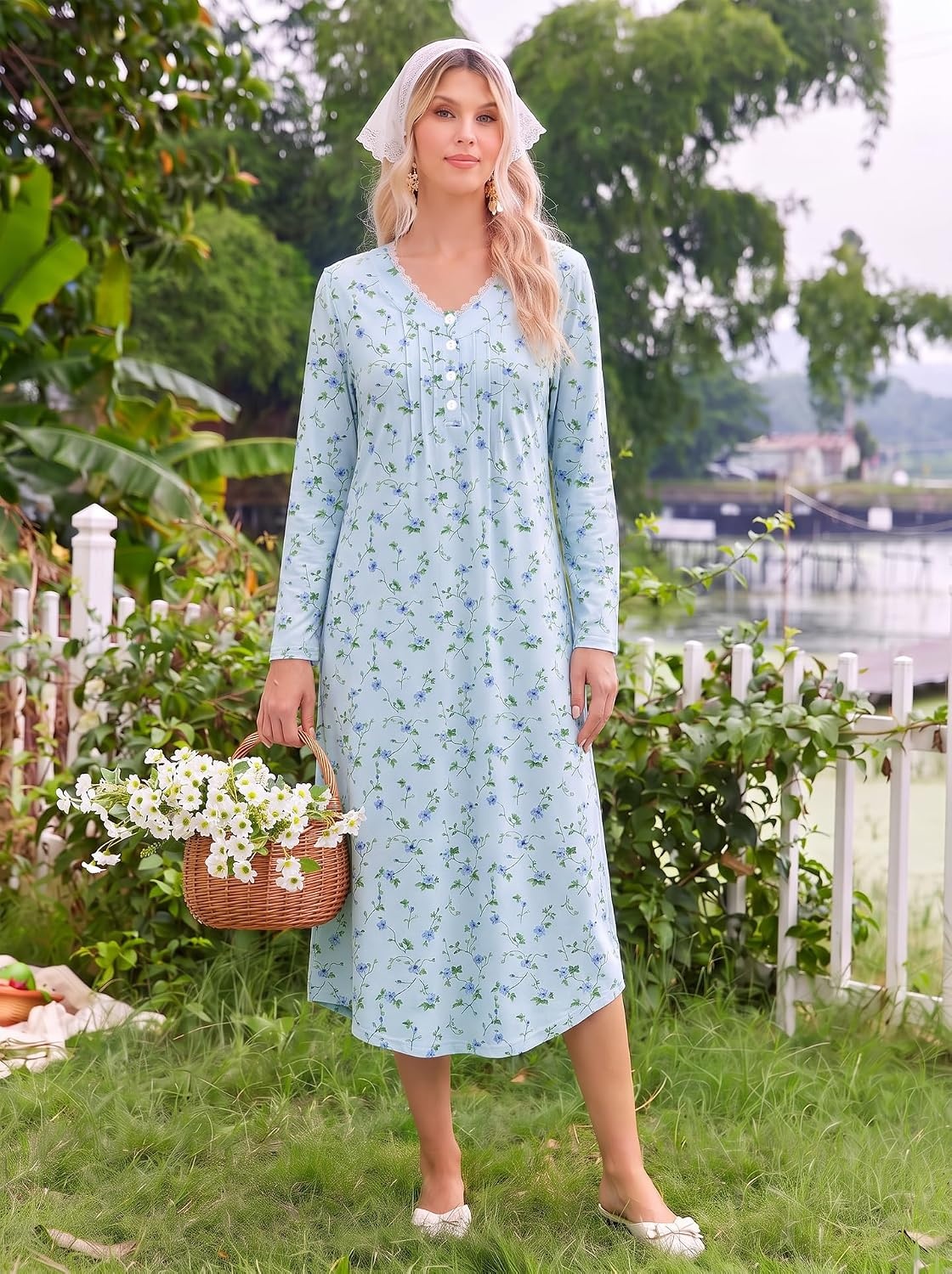 image:imageEkouaer Cotton Nightgowns for Women Long Sleeve Soft Nightgown SleepshirtLight Blue Flower