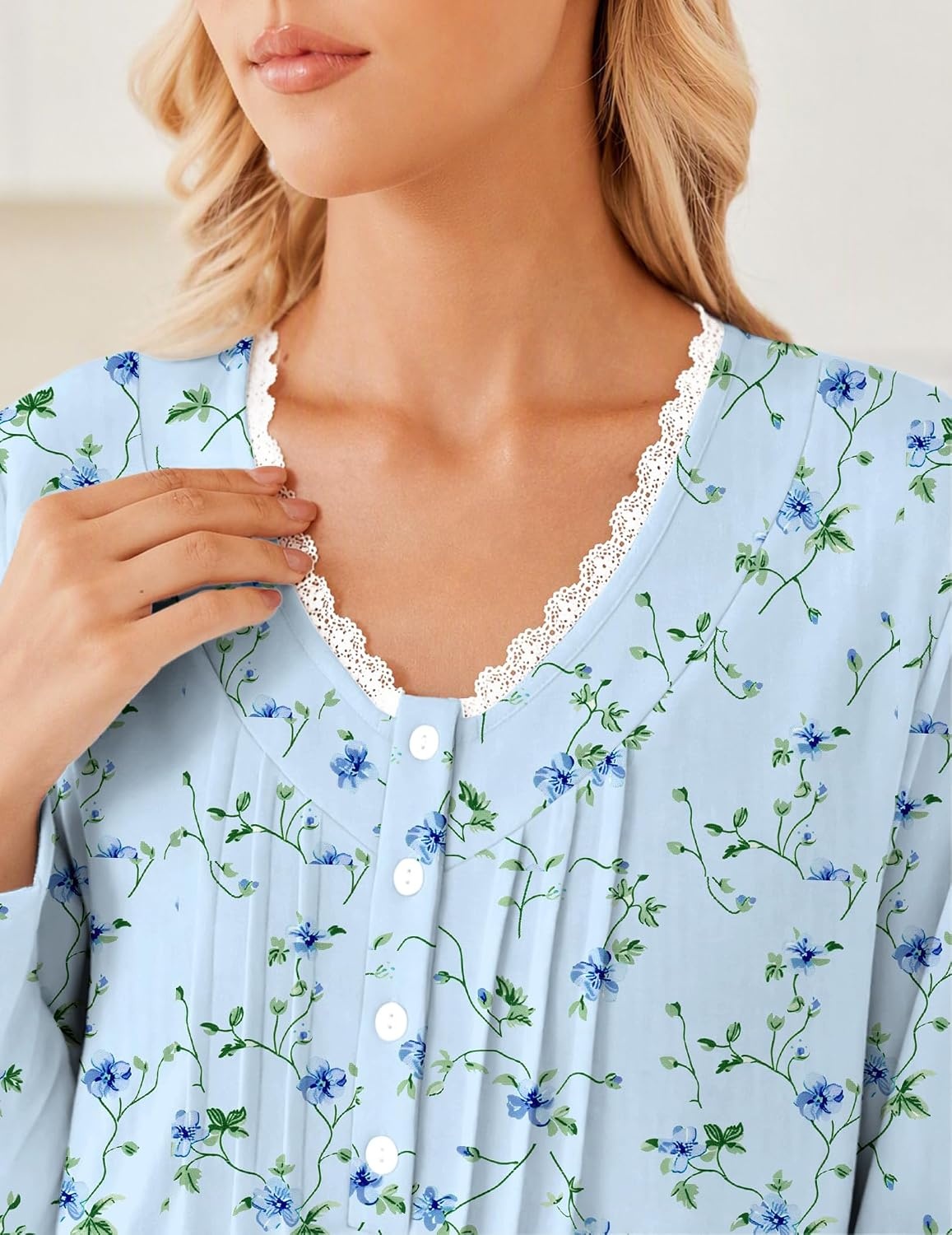 image:imageEkouaer Cotton Nightgowns for Women Long Sleeve Soft Nightgown SleepshirtLight Blue Flower