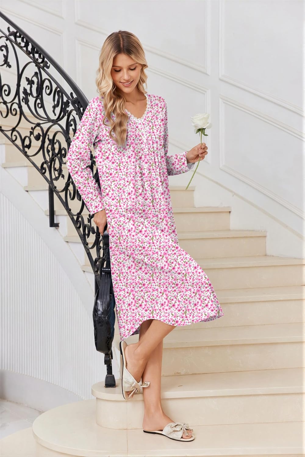 image:imageEkouaer Cotton Nightgowns for Women Long Sleeve Soft Nightgown SleepshirtPink Floral