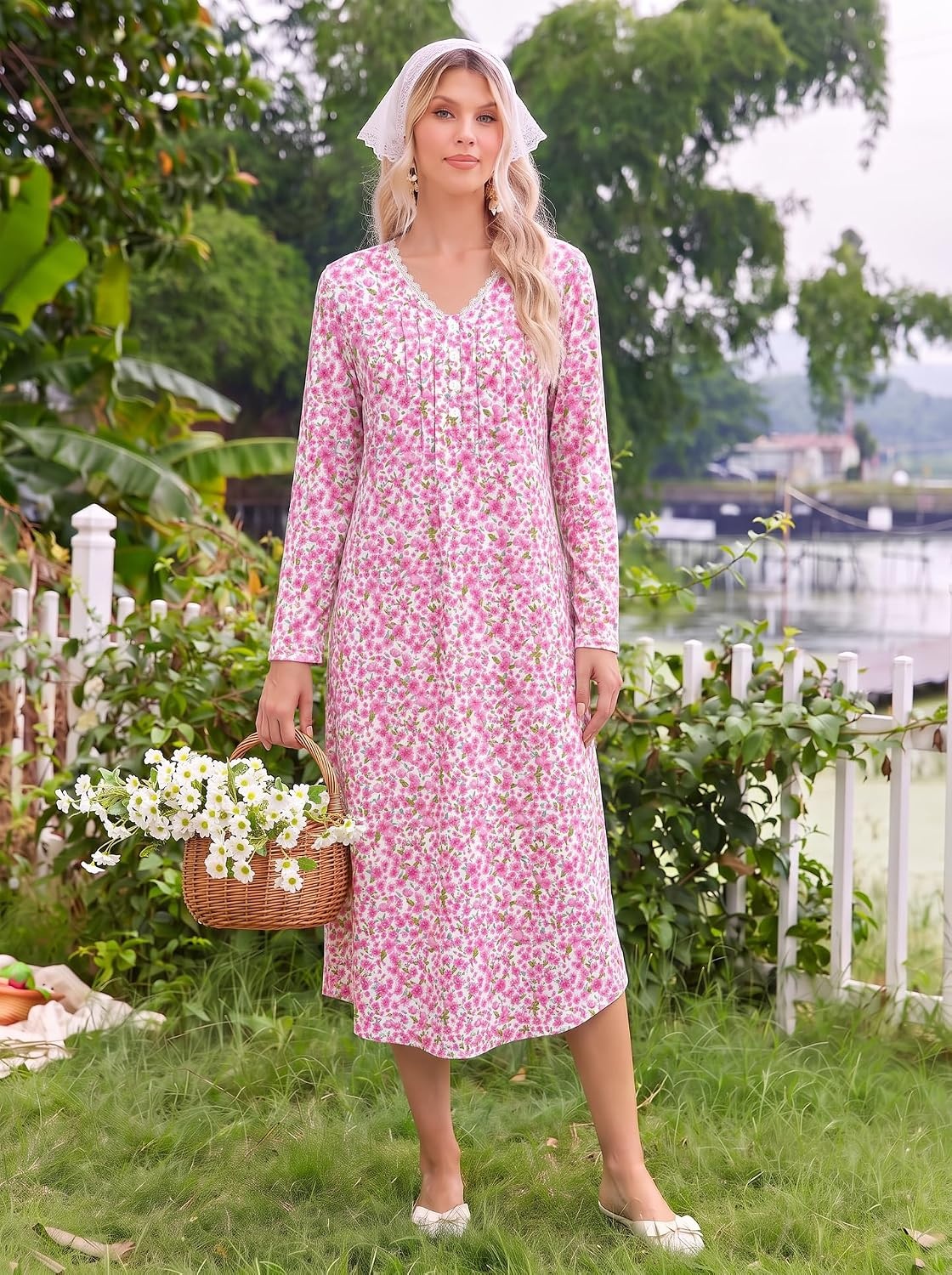 image:imageEkouaer Cotton Nightgowns for Women Long Sleeve Soft Nightgown SleepshirtPink Floral