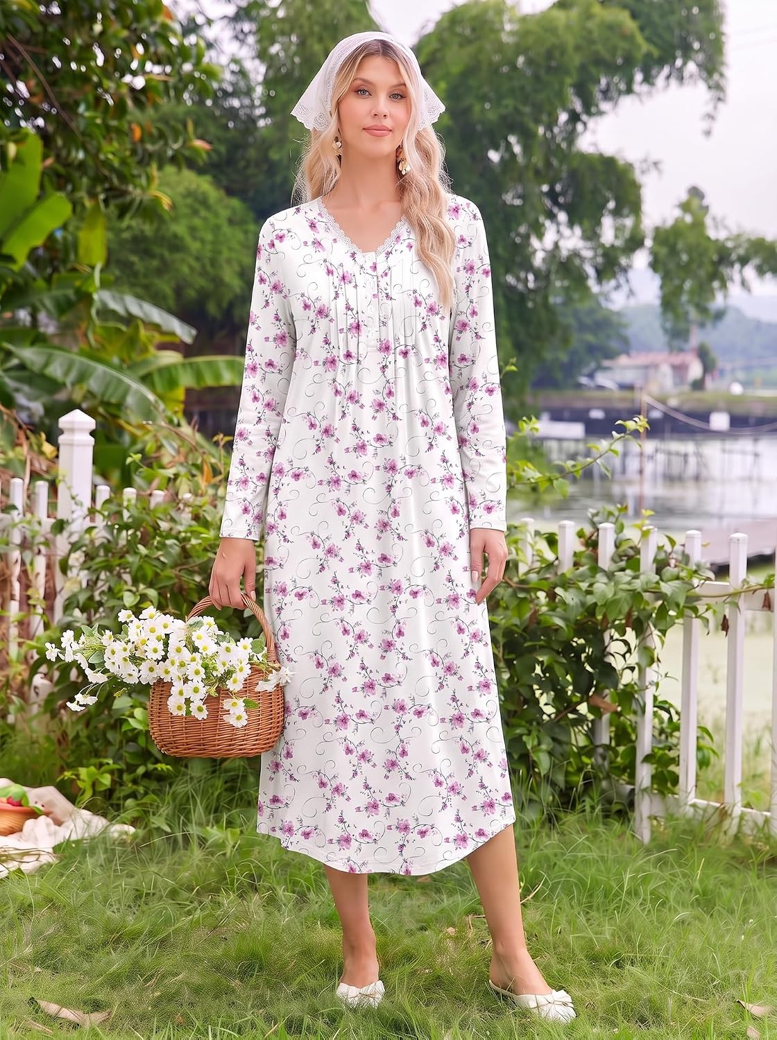 image:imageEkouaer Cotton Nightgowns for Women Long Sleeve Soft Nightgown SleepshirtPink Flower