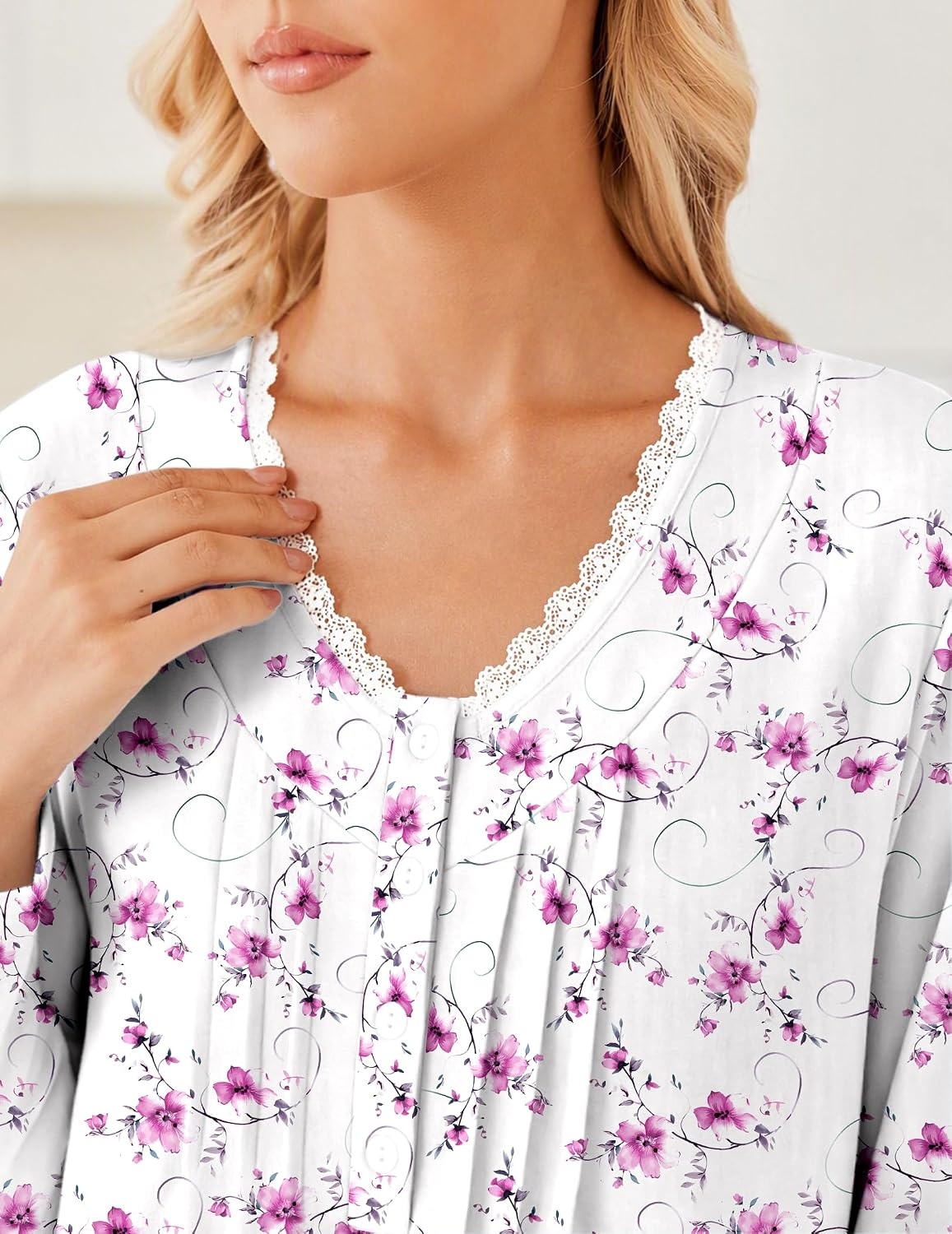 image:imageEkouaer Cotton Nightgowns for Women Long Sleeve Soft Nightgown SleepshirtPink Flower