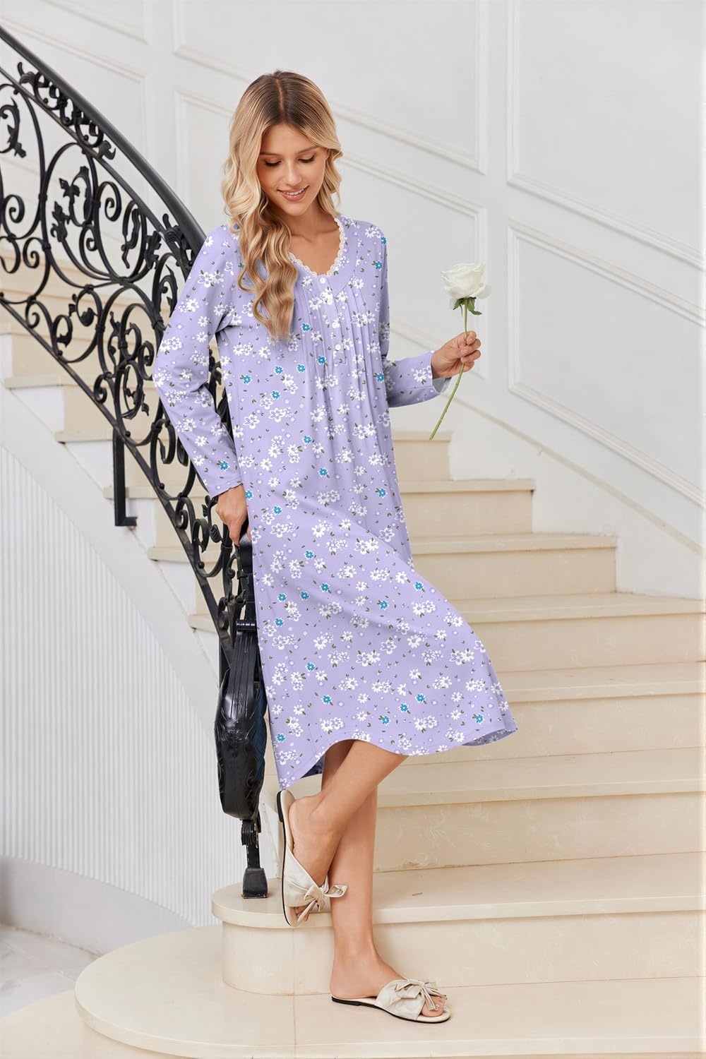 image:imageEkouaer Cotton Nightgowns for Women Long Sleeve Soft Nightgown SleepshirtPurple Floral
