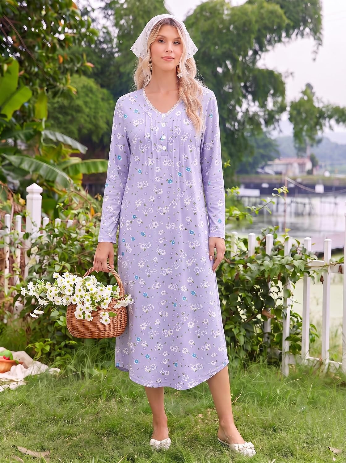 image:imageEkouaer Cotton Nightgowns for Women Long Sleeve Soft Nightgown SleepshirtPurple Floral
