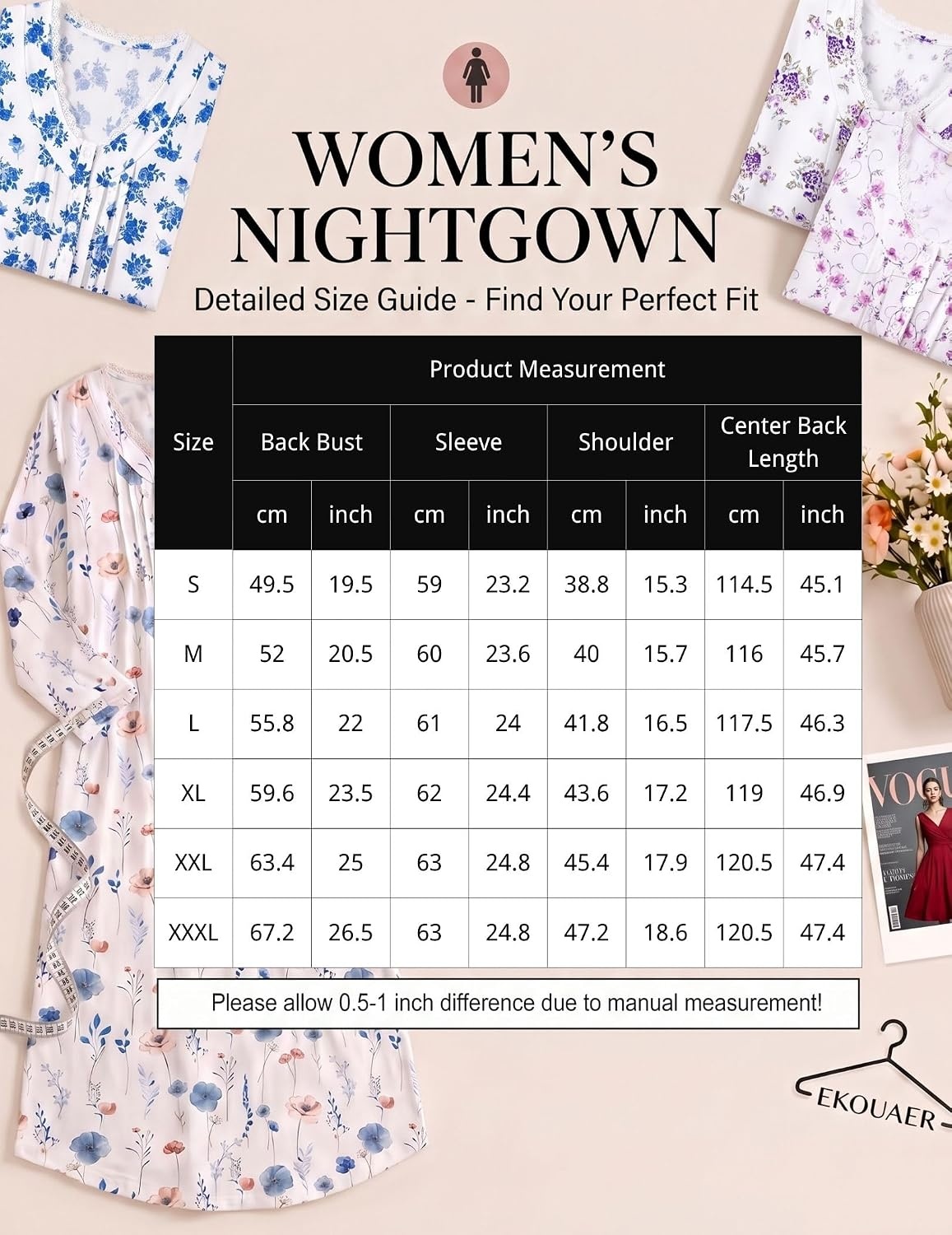 image:imageEkouaer Cotton Nightgowns for Women Long Sleeve Soft Nightgown SleepshirtPurple Flower Branch