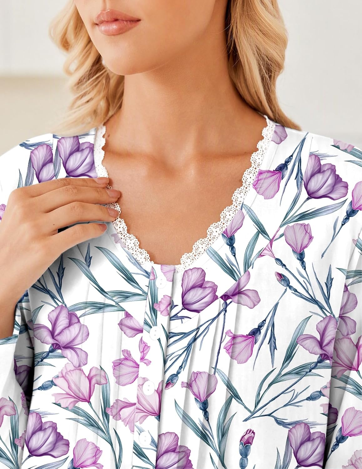 image:imageEkouaer Cotton Nightgowns for Women Long Sleeve Soft Nightgown SleepshirtPurple Flower Branch