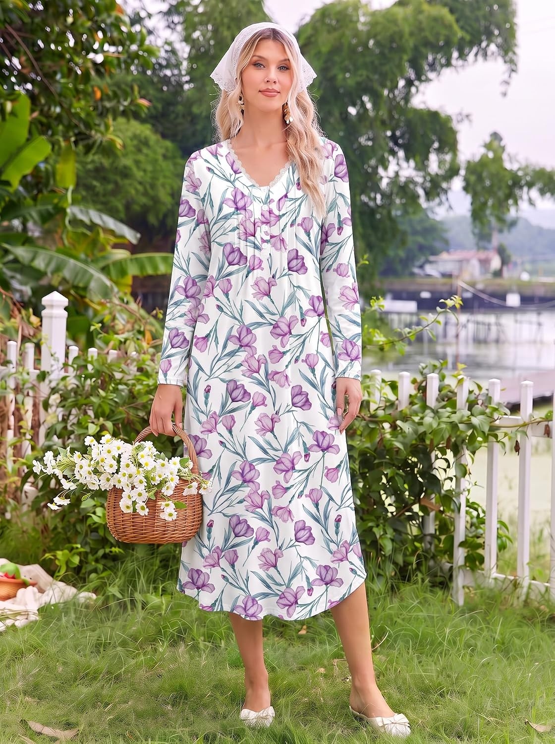image:imageEkouaer Cotton Nightgowns for Women Long Sleeve Soft Nightgown SleepshirtPurple Flower Branch