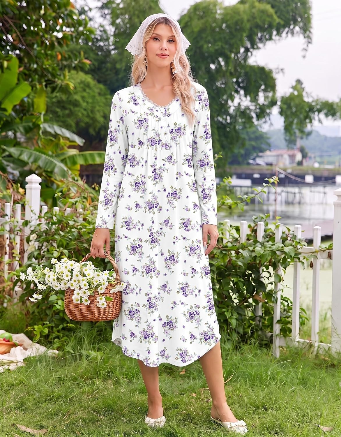 image:imageEkouaer Cotton Nightgowns for Women Long Sleeve Soft Nightgown SleepshirtWhite Purple Floral