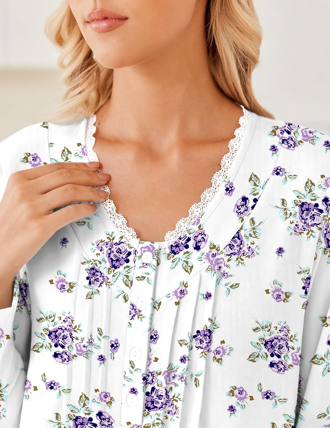 image:imageEkouaer Cotton Nightgowns for Women Long Sleeve Soft Nightgown SleepshirtWhite Purple Floral