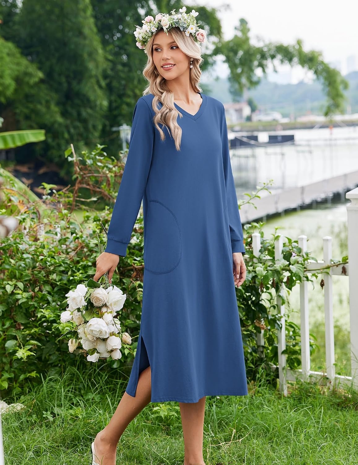 image:imageEkouaer Long Cotton Nightgowns for Women Soft Comfy Sleepshirt with PocketsBlue