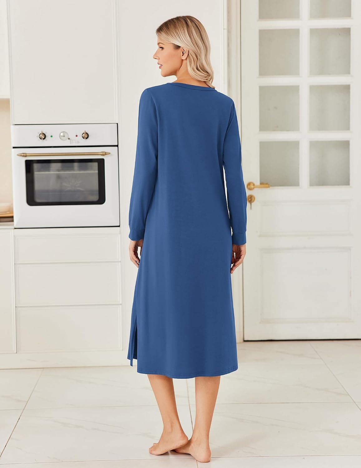 image:imageEkouaer Long Cotton Nightgowns for Women Soft Comfy Sleepshirt with PocketsBlue