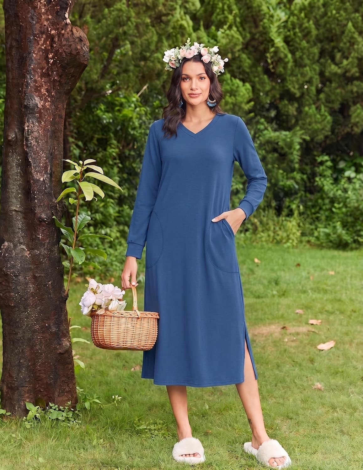 image:imageEkouaer Long Cotton Nightgowns for Women Soft Comfy Sleepshirt with PocketsBlue