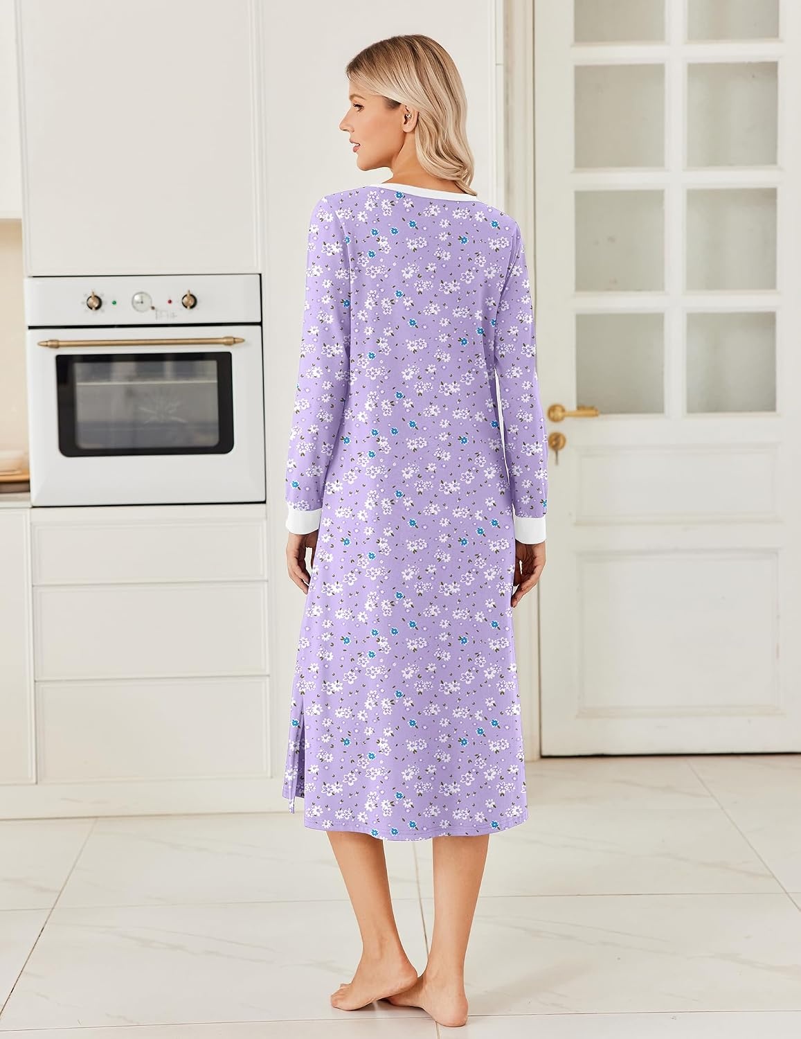 image:imageEkouaer Long Cotton Nightgowns for Women Soft Comfy Sleepshirt with PocketsPurple Floral