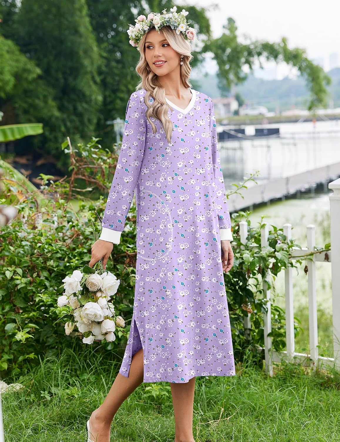 image:imageEkouaer Long Cotton Nightgowns for Women Soft Comfy Sleepshirt with PocketsPurple Floral