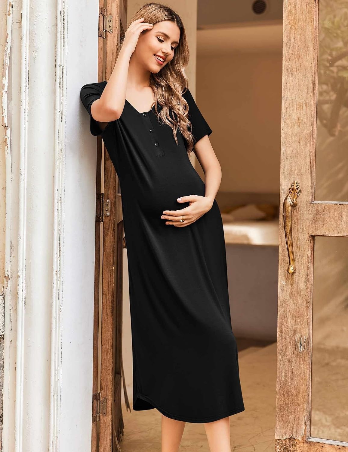 image:imageEkouaer Nursing Nightgown Long Breastfeeding Gown Dress Maternity PajamasBlack