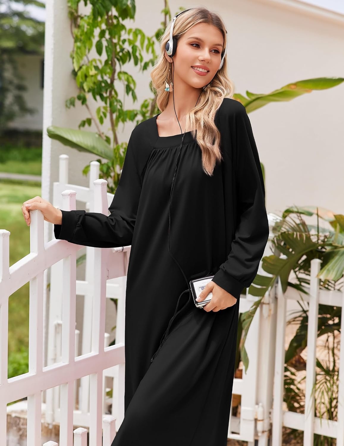 image:imageEkouaer Womens Cotton Nightgown Long Sleeve Sleepshirt Long Sleep DressBlack