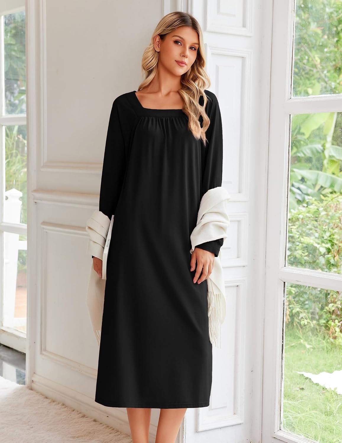 image:imageEkouaer Womens Cotton Nightgown Long Sleeve Sleepshirt Long Sleep DressBlack