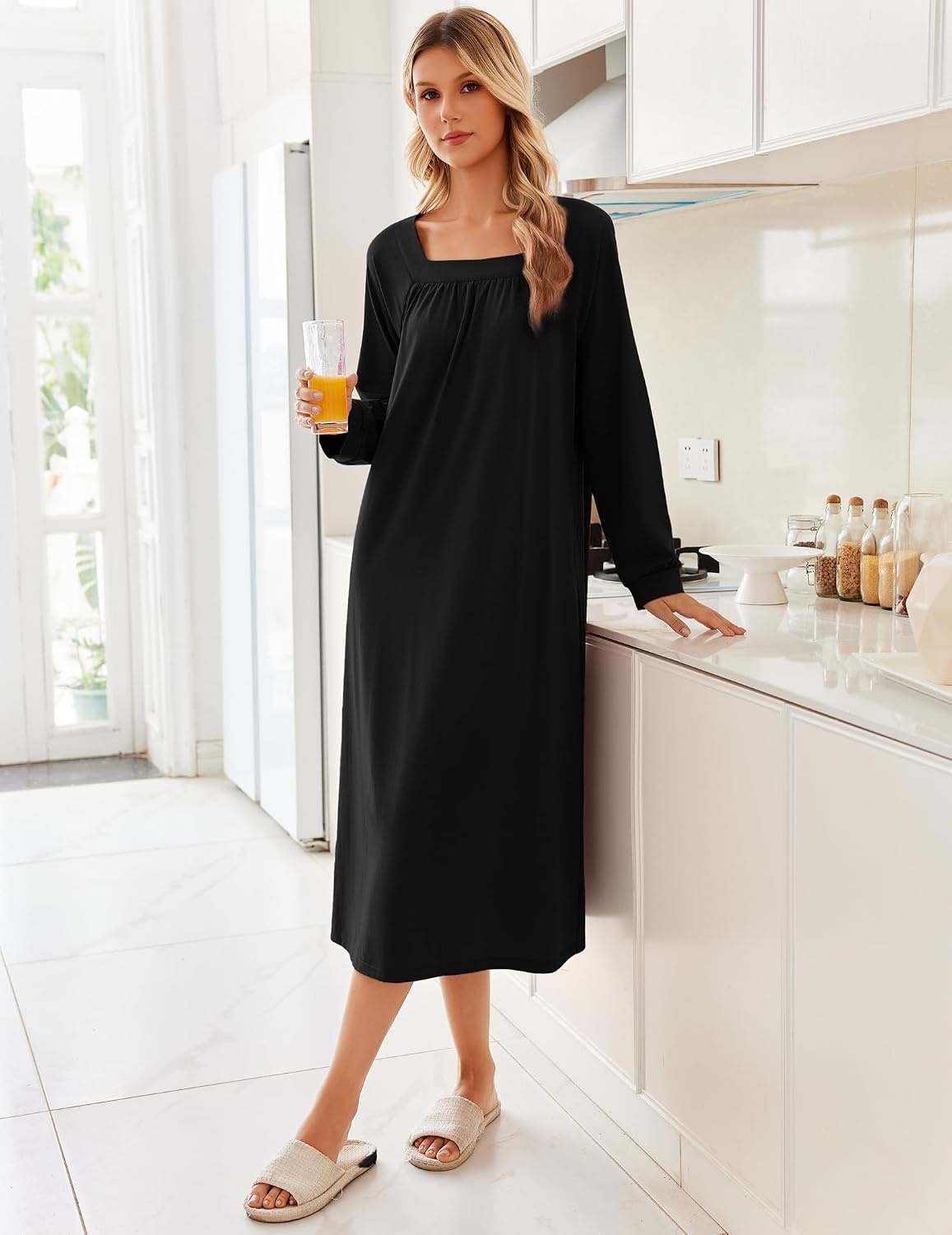 image:imageEkouaer Womens Cotton Nightgown Long Sleeve Sleepshirt Long Sleep DressBlack