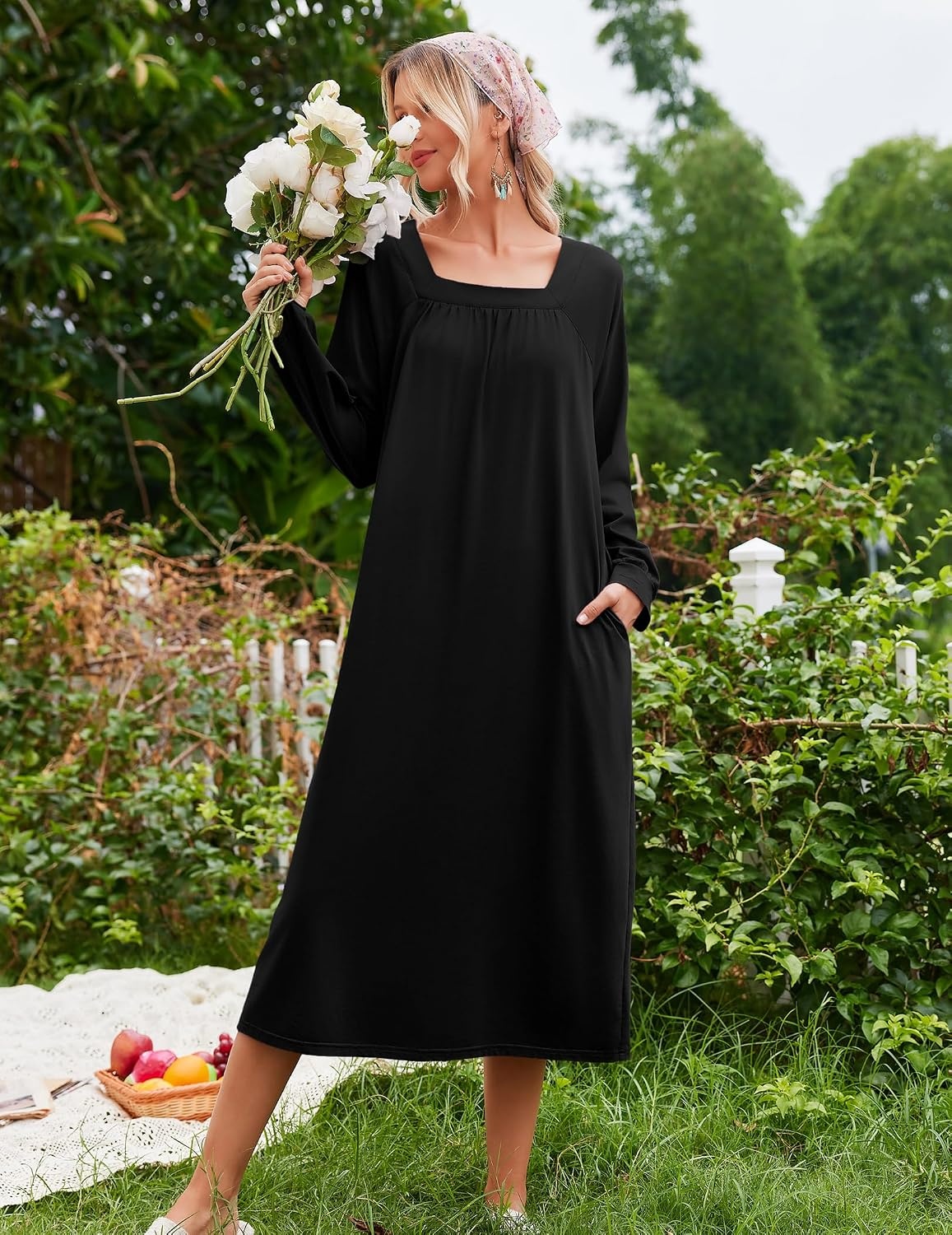image:imageEkouaer Womens Cotton Nightgown Long Sleeve Sleepshirt Long Sleep DressBlack