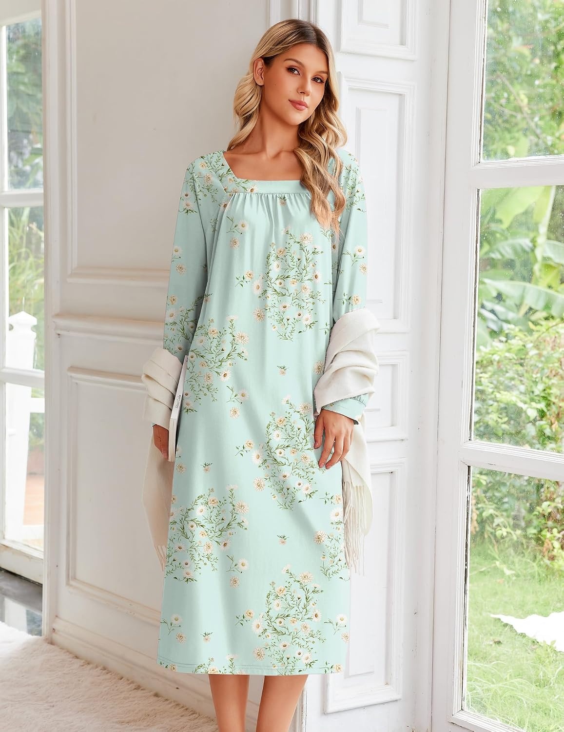 image:imageEkouaer Womens Cotton Nightgown Long Sleeve Sleepshirt Long Sleep DressGreen Floral