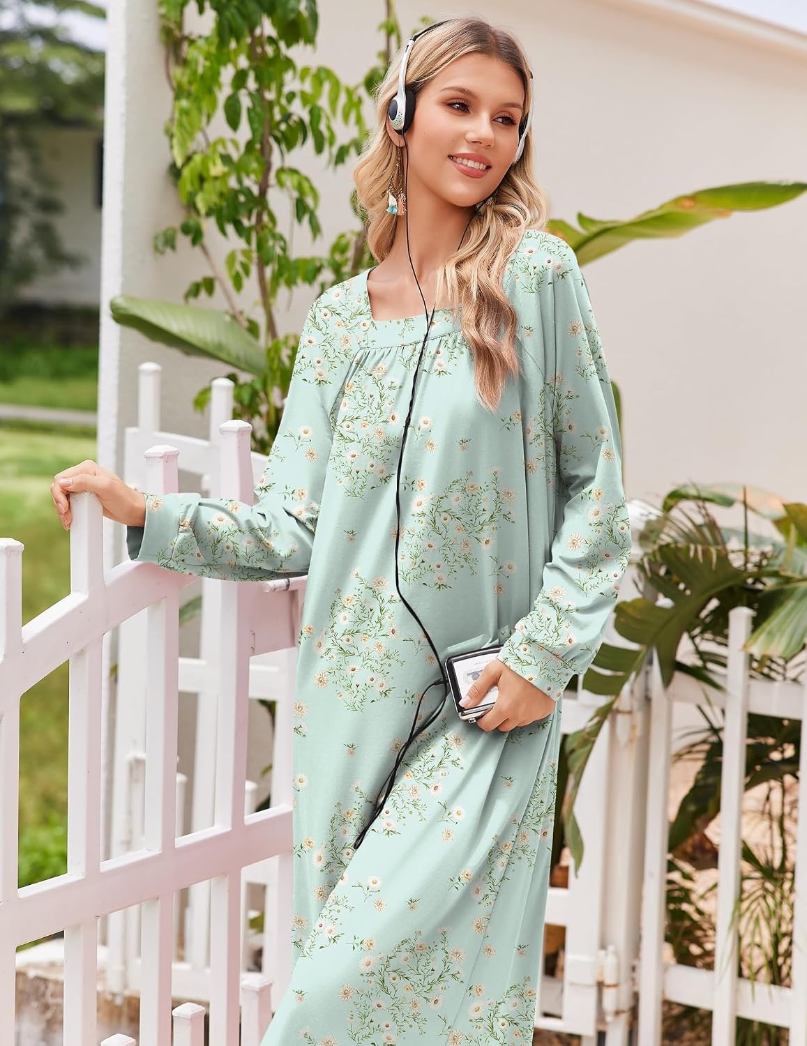 image:imageEkouaer Womens Cotton Nightgown Long Sleeve Sleepshirt Long Sleep DressGreen Floral