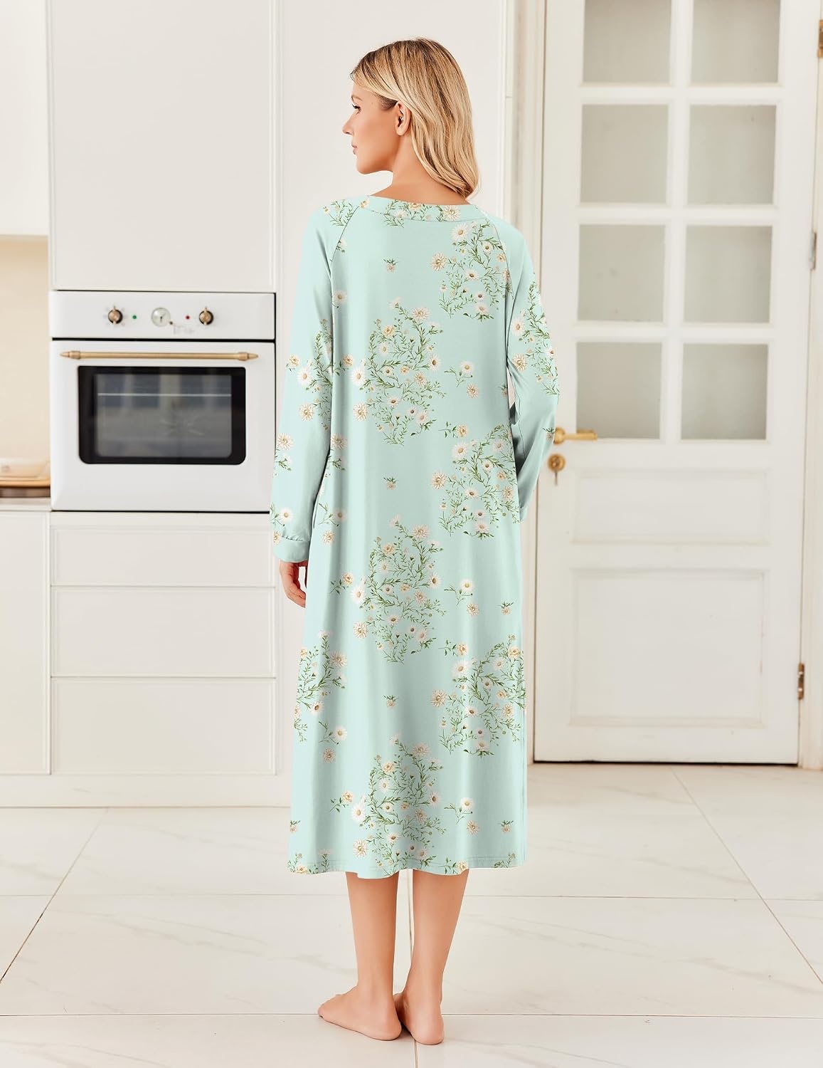 image:imageEkouaer Womens Cotton Nightgown Long Sleeve Sleepshirt Long Sleep DressGreen Floral