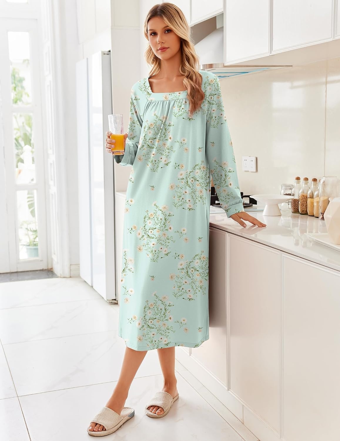 image:imageEkouaer Womens Cotton Nightgown Long Sleeve Sleepshirt Long Sleep DressGreen Floral