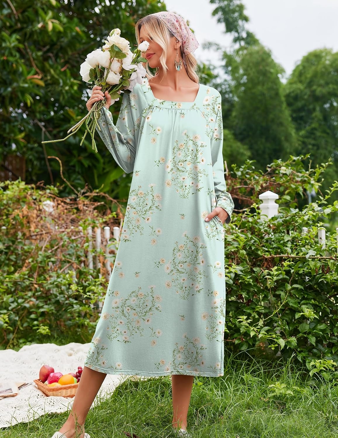 image:imageEkouaer Womens Cotton Nightgown Long Sleeve Sleepshirt Long Sleep DressGreen Floral