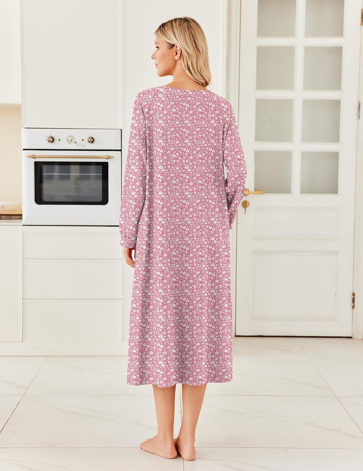 image:imageEkouaer Womens Cotton Nightgown Long Sleeve Sleepshirt Long Sleep DressPink Floral