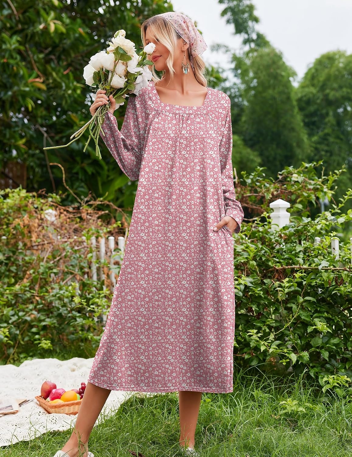 image:imageEkouaer Womens Cotton Nightgown Long Sleeve Sleepshirt Long Sleep DressPink Floral