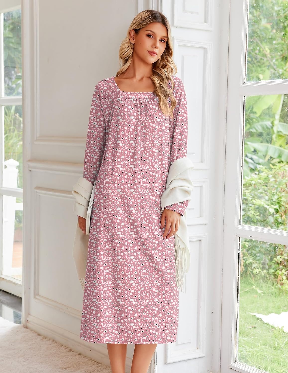 image:imageEkouaer Womens Cotton Nightgown Long Sleeve Sleepshirt Long Sleep DressPink Floral