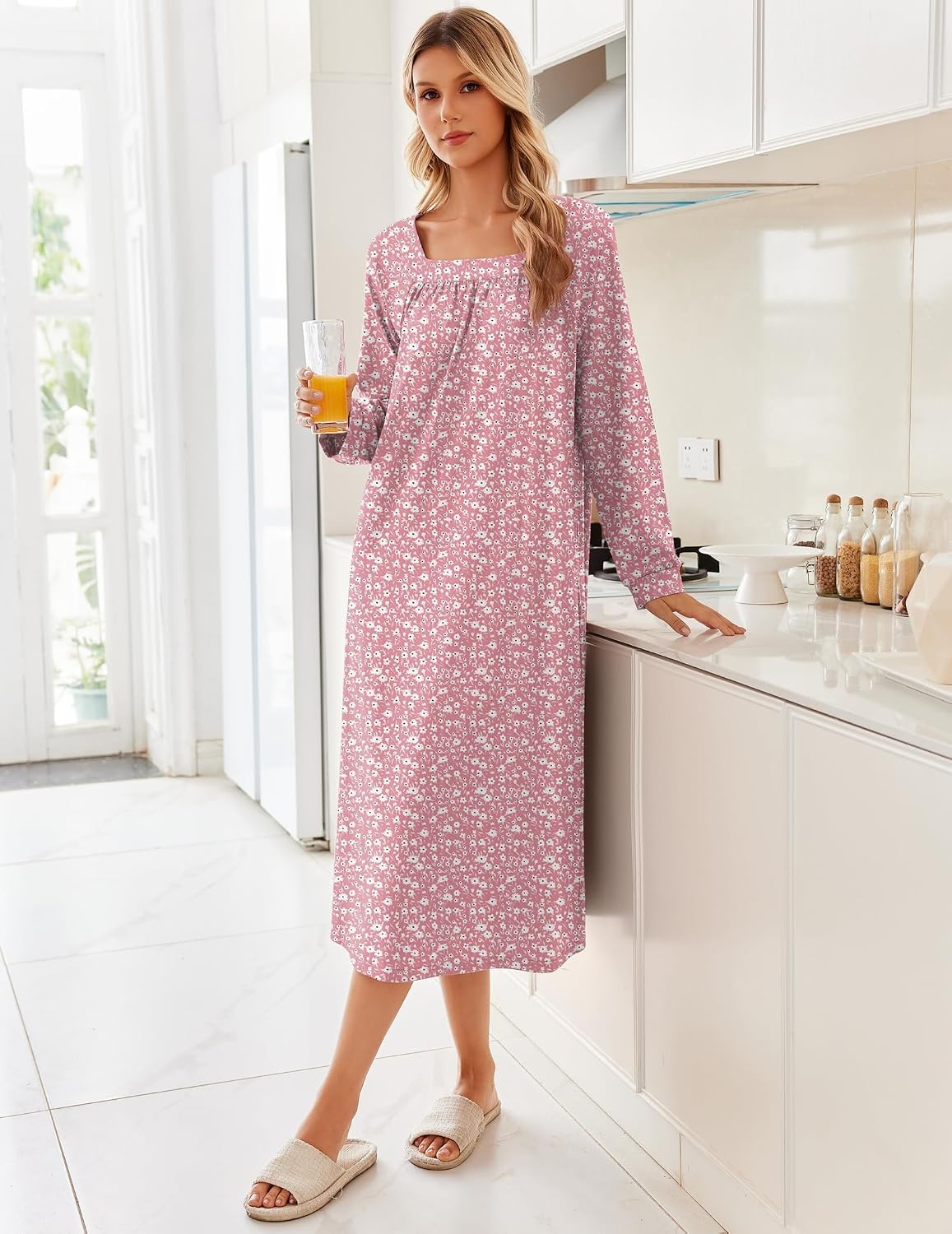 image:imageEkouaer Womens Cotton Nightgown Long Sleeve Sleepshirt Long Sleep DressPink Floral