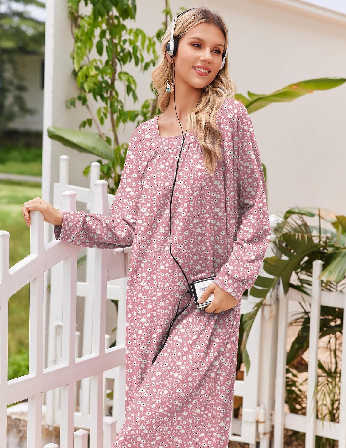 image:imageEkouaer Womens Cotton Nightgown Long Sleeve Sleepshirt Long Sleep DressPink Floral