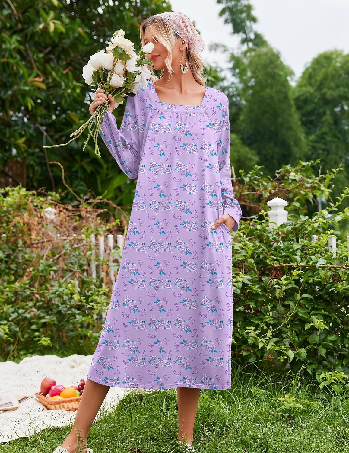 image:imageEkouaer Womens Cotton Nightgown Long Sleeve Sleepshirt Long Sleep DressPurple Floral