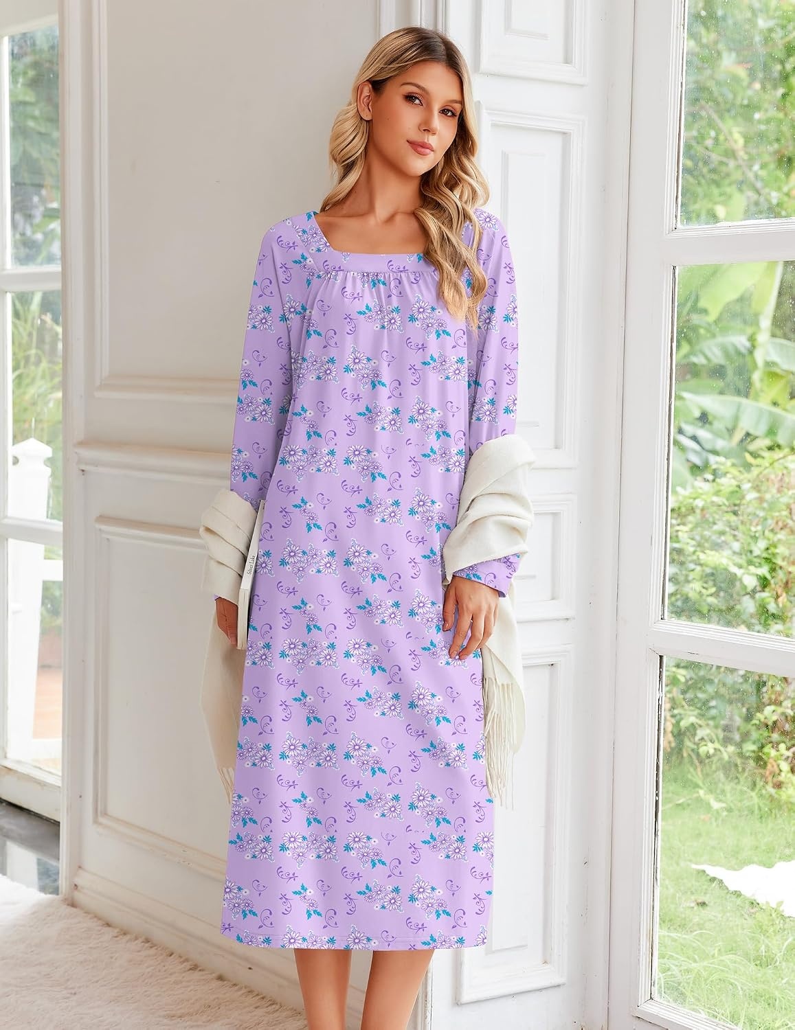 image:imageEkouaer Womens Cotton Nightgown Long Sleeve Sleepshirt Long Sleep DressPurple Floral