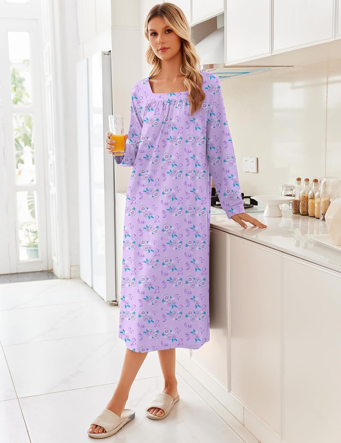 image:imageEkouaer Womens Cotton Nightgown Long Sleeve Sleepshirt Long Sleep DressPurple Floral