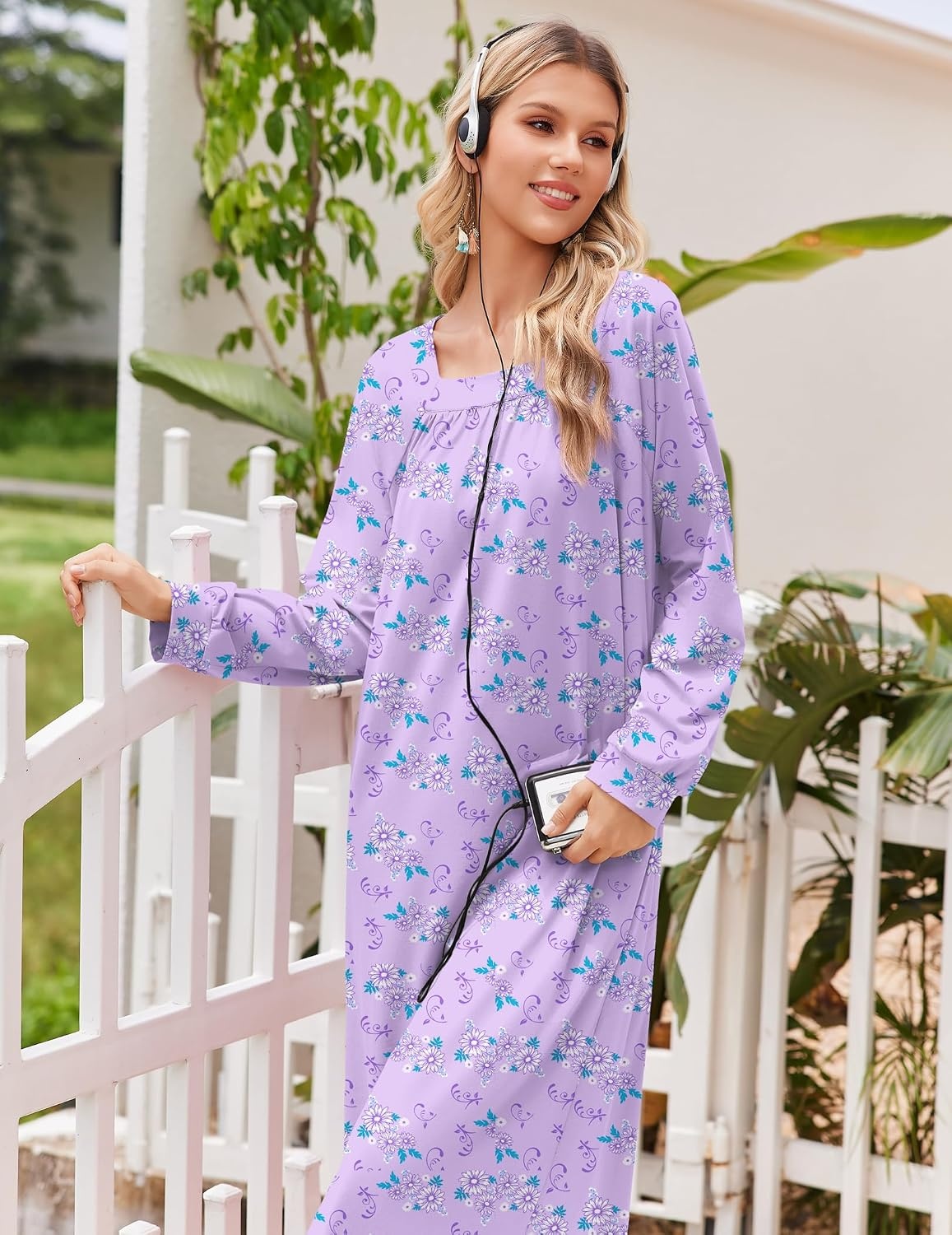 image:imageEkouaer Womens Cotton Nightgown Long Sleeve Sleepshirt Long Sleep DressPurple Floral