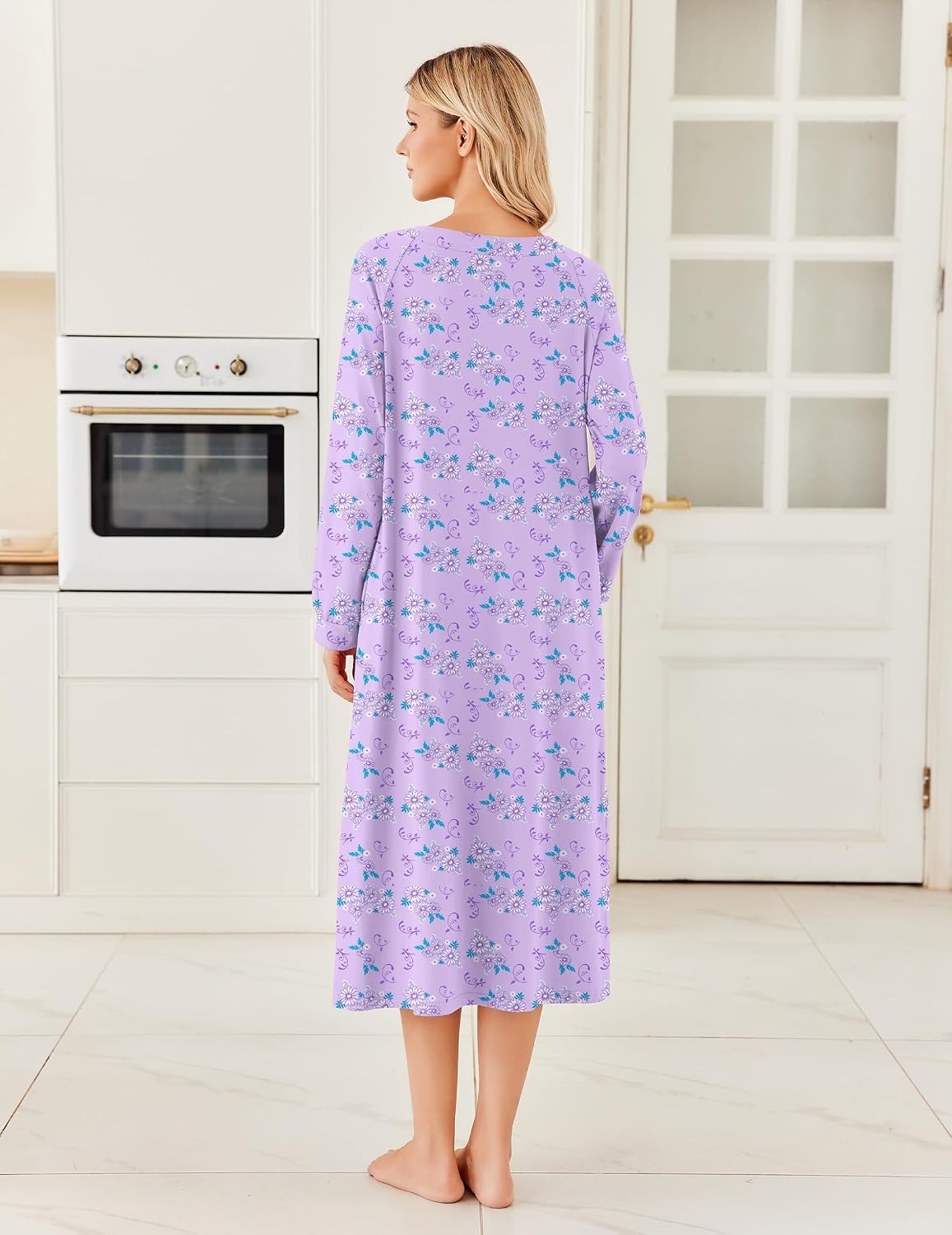 image:imageEkouaer Womens Cotton Nightgown Long Sleeve Sleepshirt Long Sleep DressPurple Floral