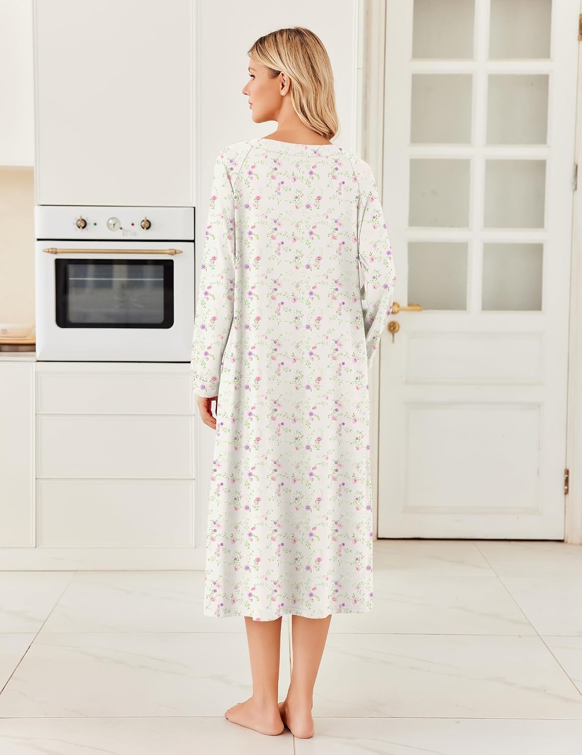 image:imageEkouaer Womens Cotton Nightgown Long Sleeve Sleepshirt Long Sleep DressWhite Floral