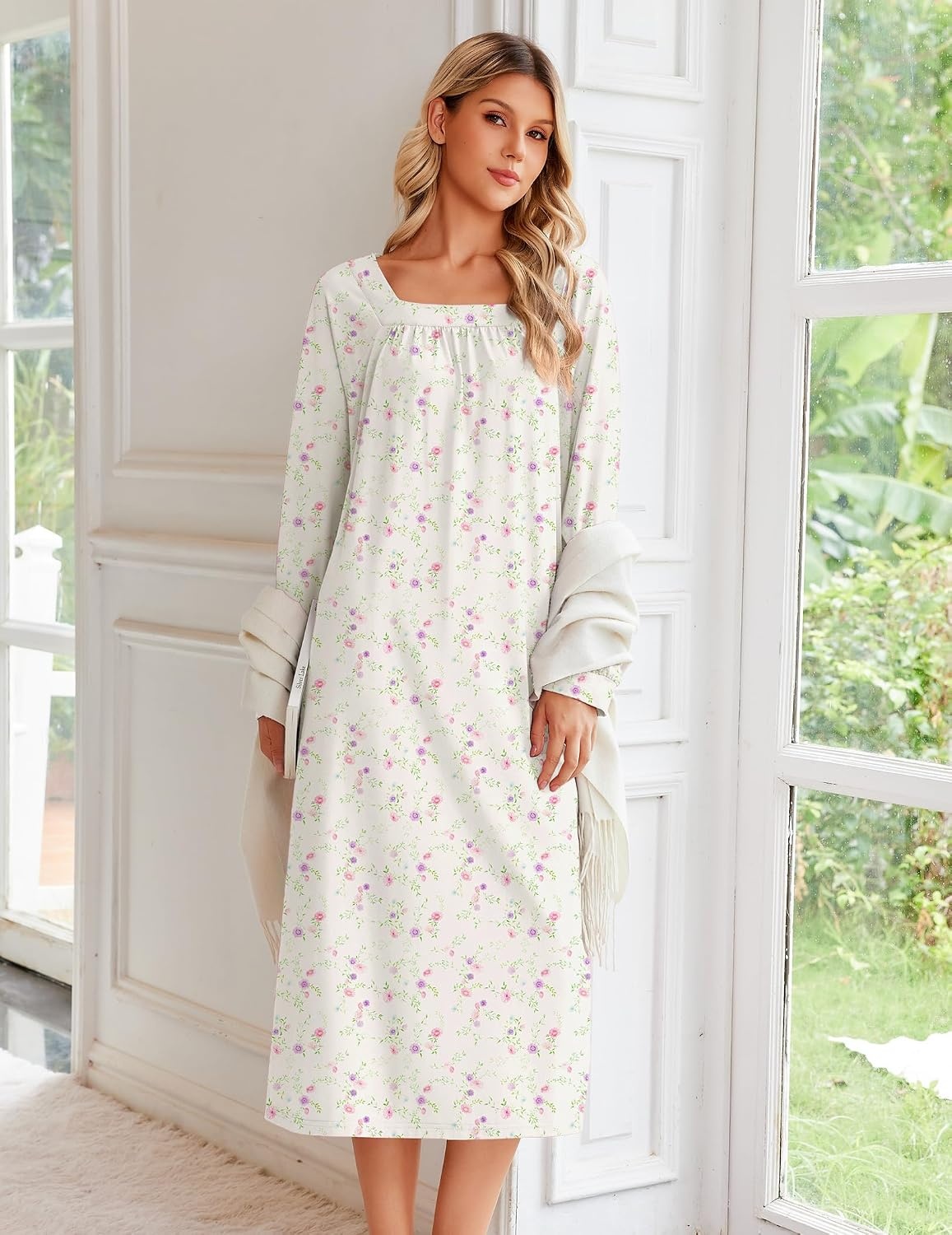 image:imageEkouaer Womens Cotton Nightgown Long Sleeve Sleepshirt Long Sleep DressWhite Floral