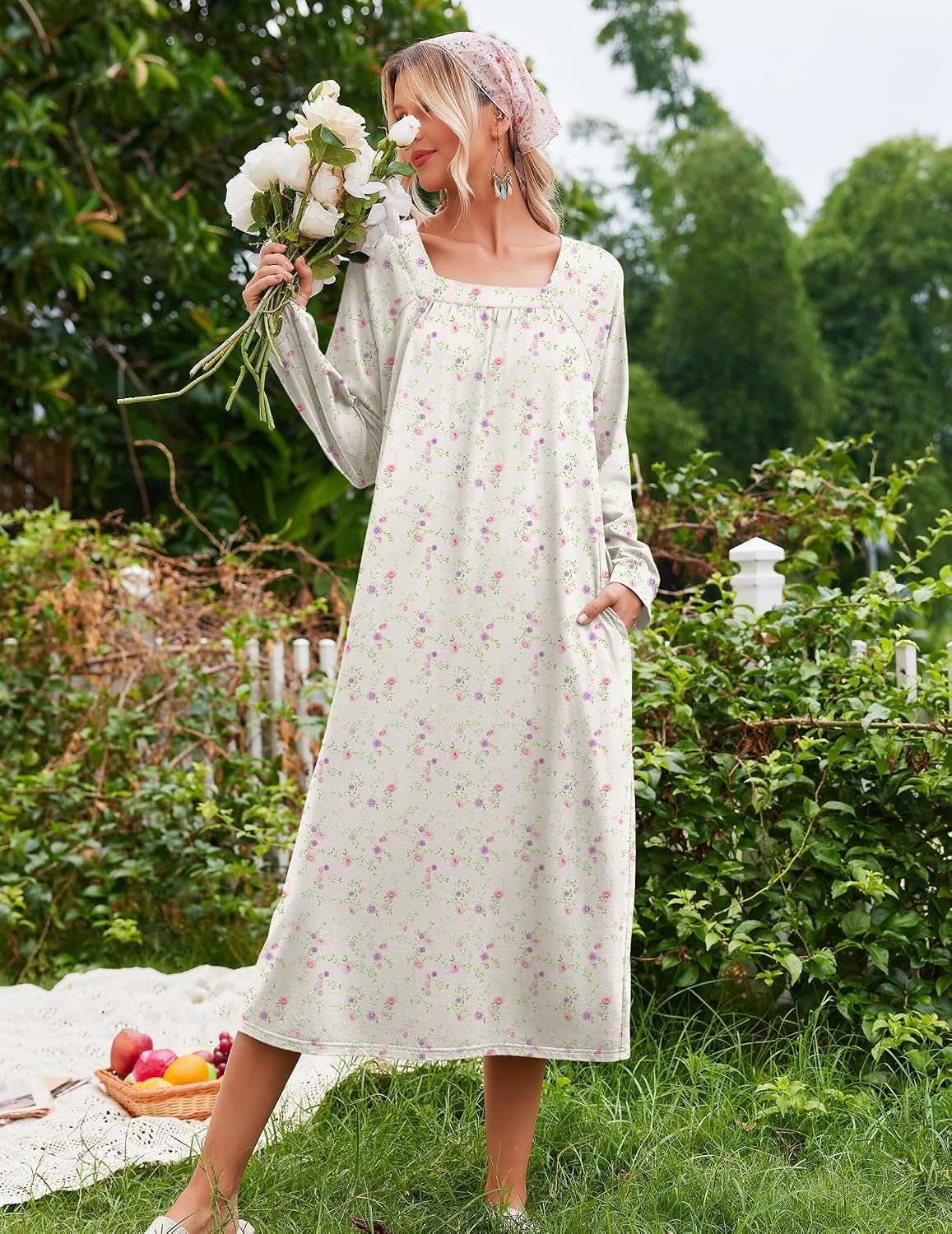 image:imageEkouaer Womens Cotton Nightgown Long Sleeve Sleepshirt Long Sleep DressWhite Floral