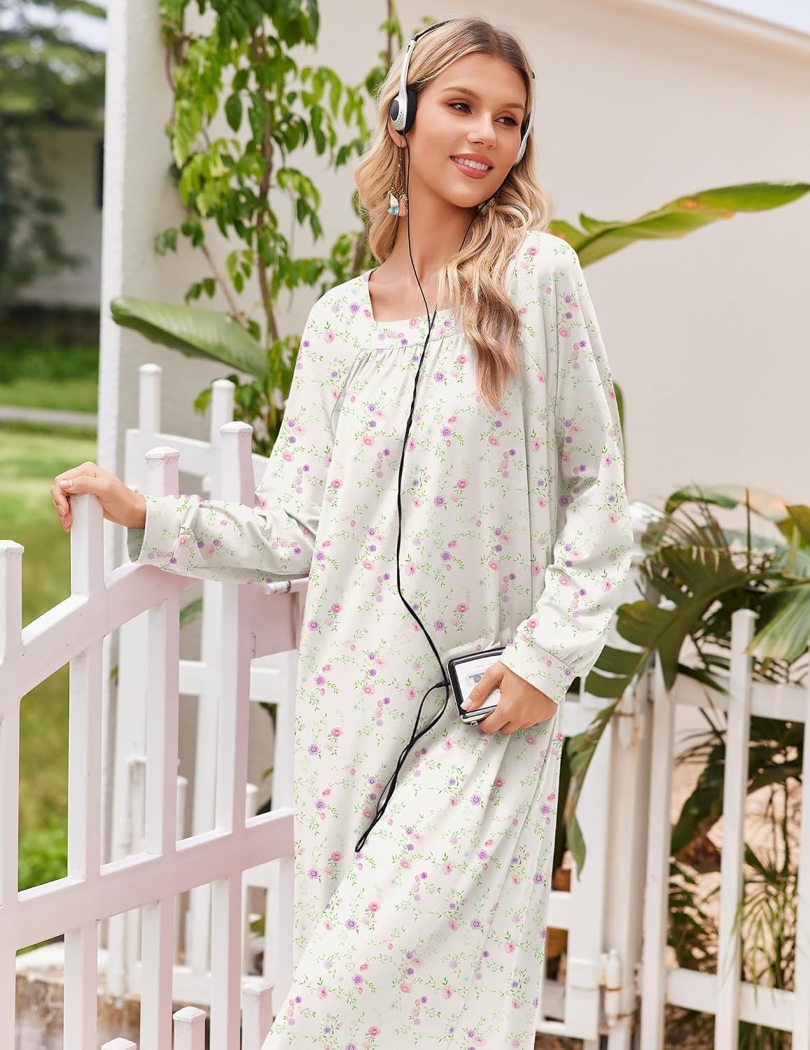 image:imageEkouaer Womens Cotton Nightgown Long Sleeve Sleepshirt Long Sleep DressWhite Floral