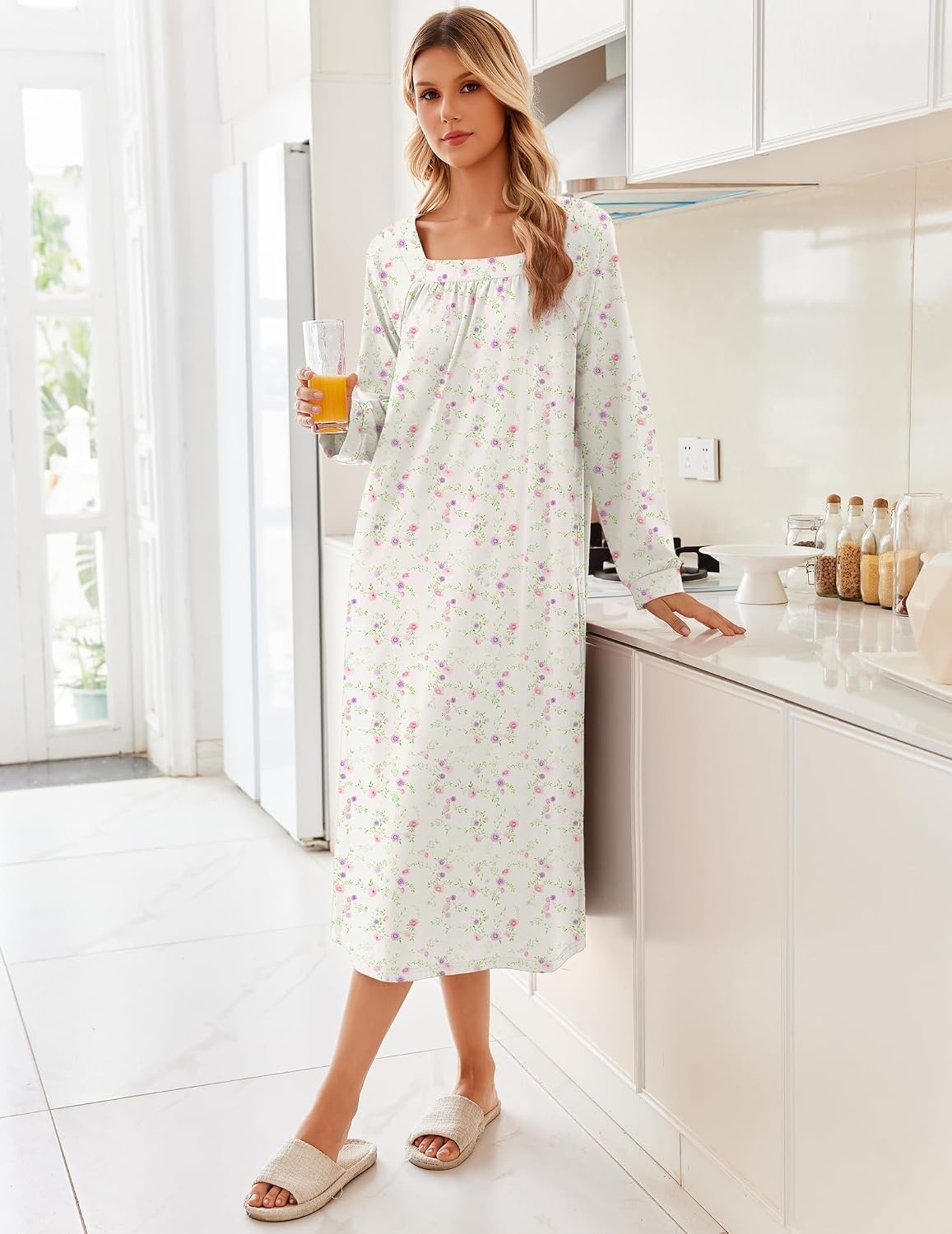 image:imageEkouaer Womens Cotton Nightgown Long Sleeve Sleepshirt Long Sleep DressWhite Floral