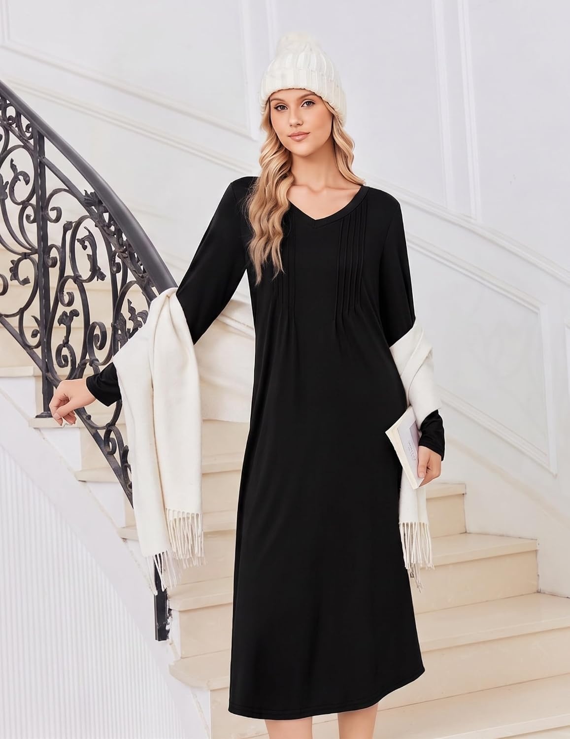 image:imageEkouaer Womens Long Sleeve Nightgown Long Sleepshirt Pleated Sleep DressBlack