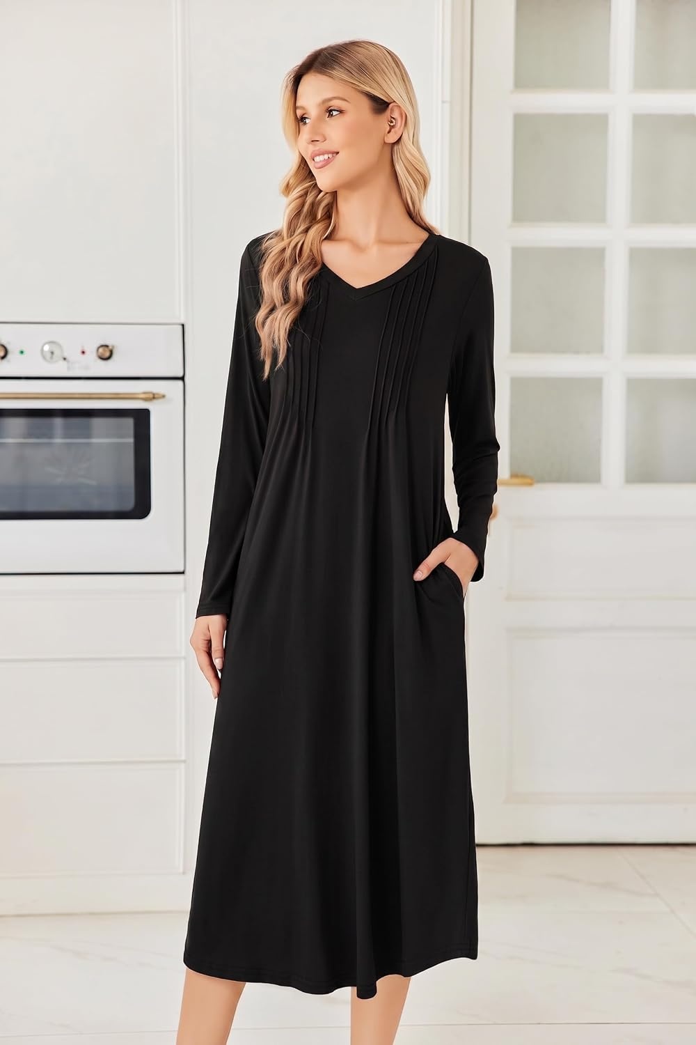 image:imageEkouaer Womens Long Sleeve Nightgown Long Sleepshirt Pleated Sleep DressBlack